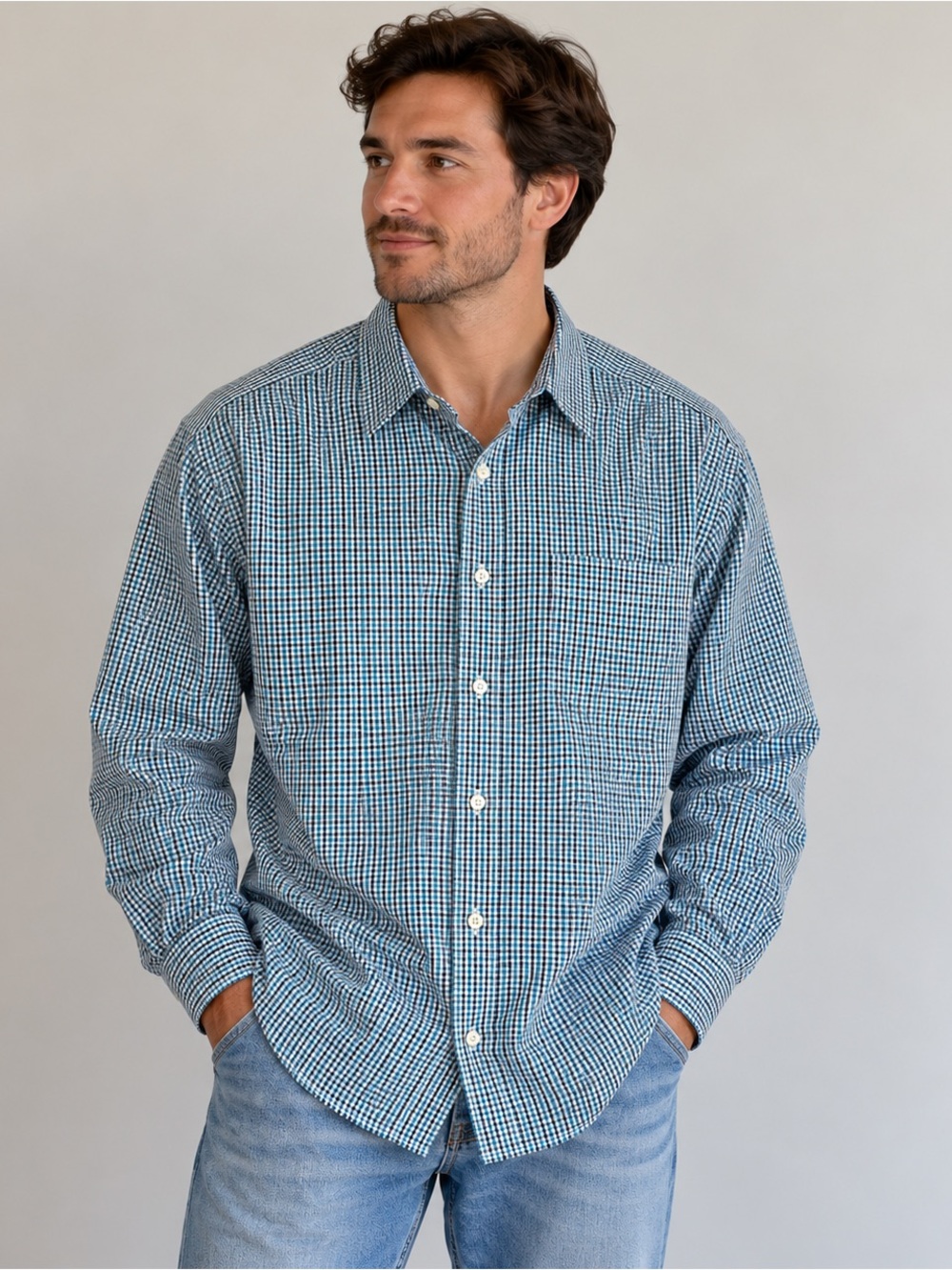Untuckit Mens XL Tall Large Check Button Down Shirt Blue White 100% Cotton NWOT